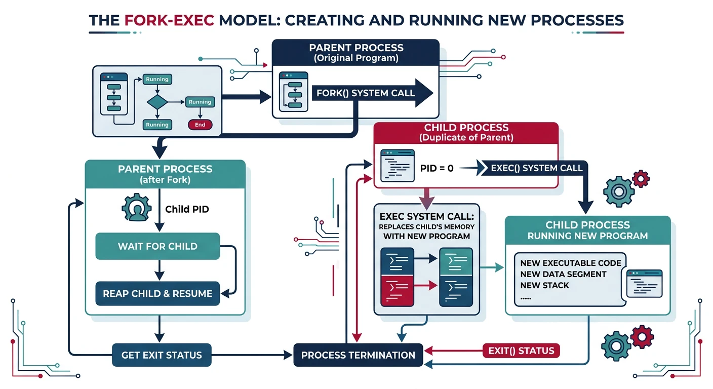 Diagram showing the fork-exec model where parent process forks a child copy then child calls exec to load a new program