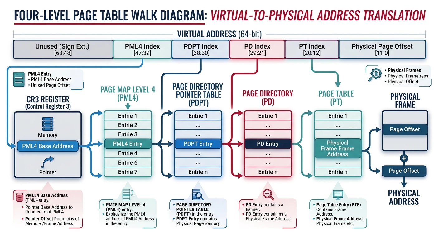 Four-level page table walk diagram showing CR3 register pointing through PML4, PDPT, PD, and PT levels to reach a physical frame