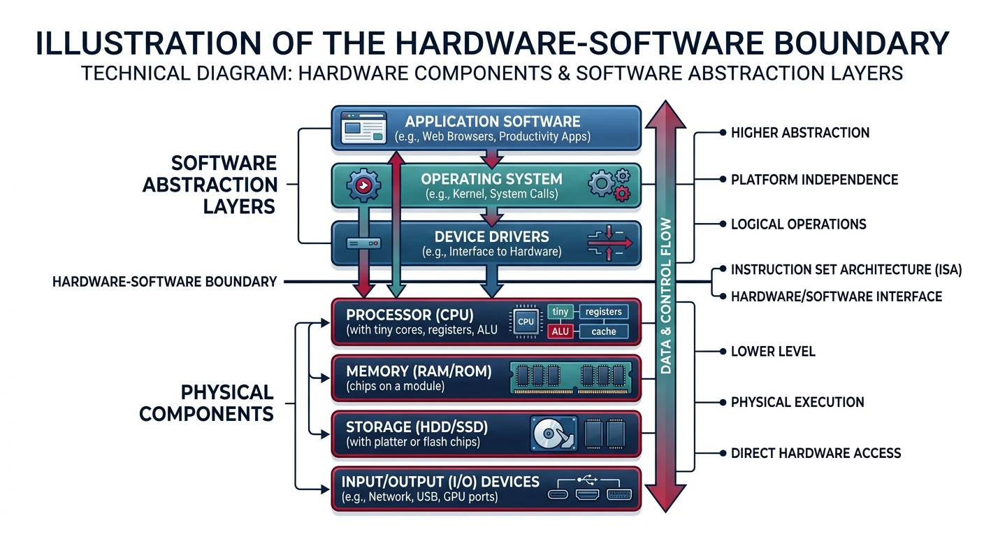 Illustration of the hardware-software boundary showing physical components below and software abstraction layers above