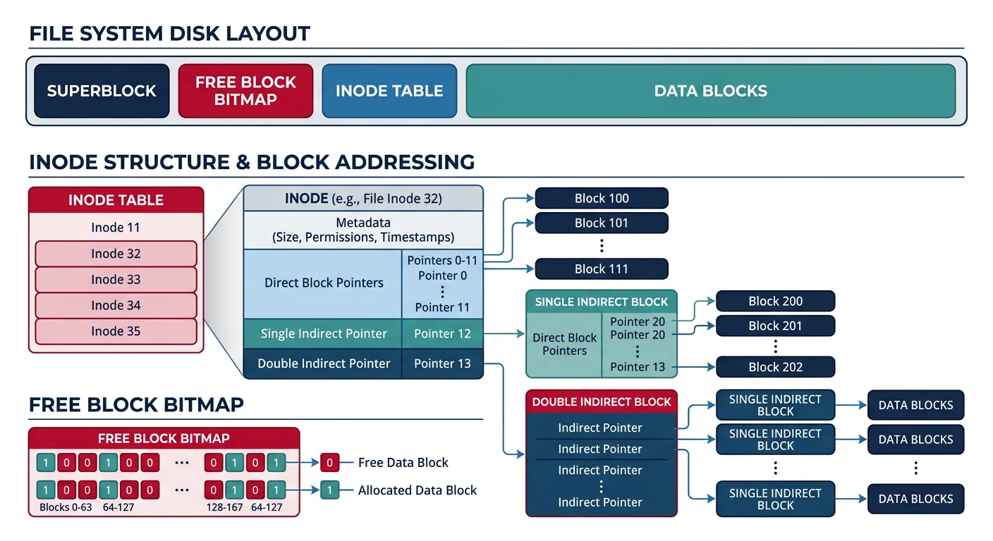 Structural diagram of a simple file system showing superblock, inode table with direct and indirect block pointers, free block bitmap, and data blocks on disk
