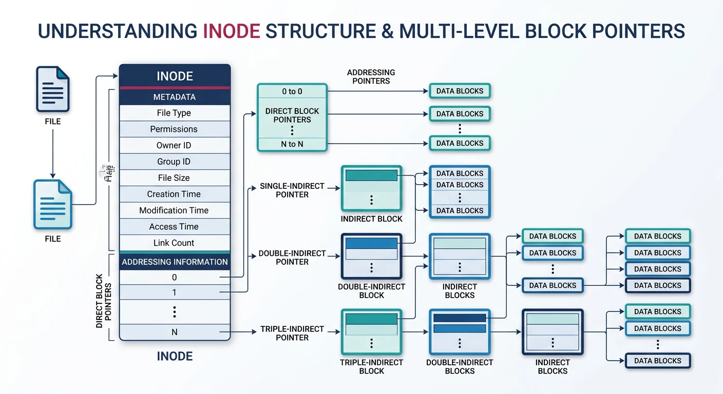 Inode structure diagram showing metadata fields and multi-level block pointer hierarchy with direct, single-indirect, double-indirect, and triple-indirect pointers