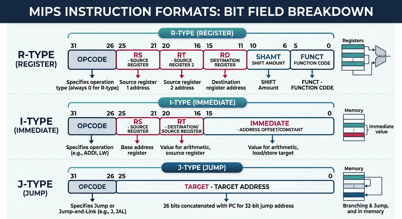 Detailed breakdown of R-type, I-type, and J-type MIPS instruction formats showing opcode, register, and immediate bit fields