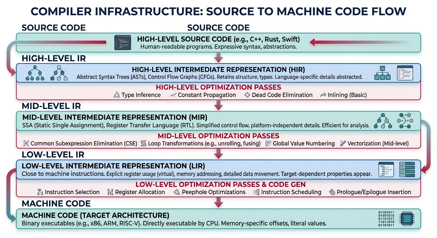 Layered diagram showing source code at top progressing through high-level IR, mid-level IR, and low-level IR down to machine code with optimization passes between layers
