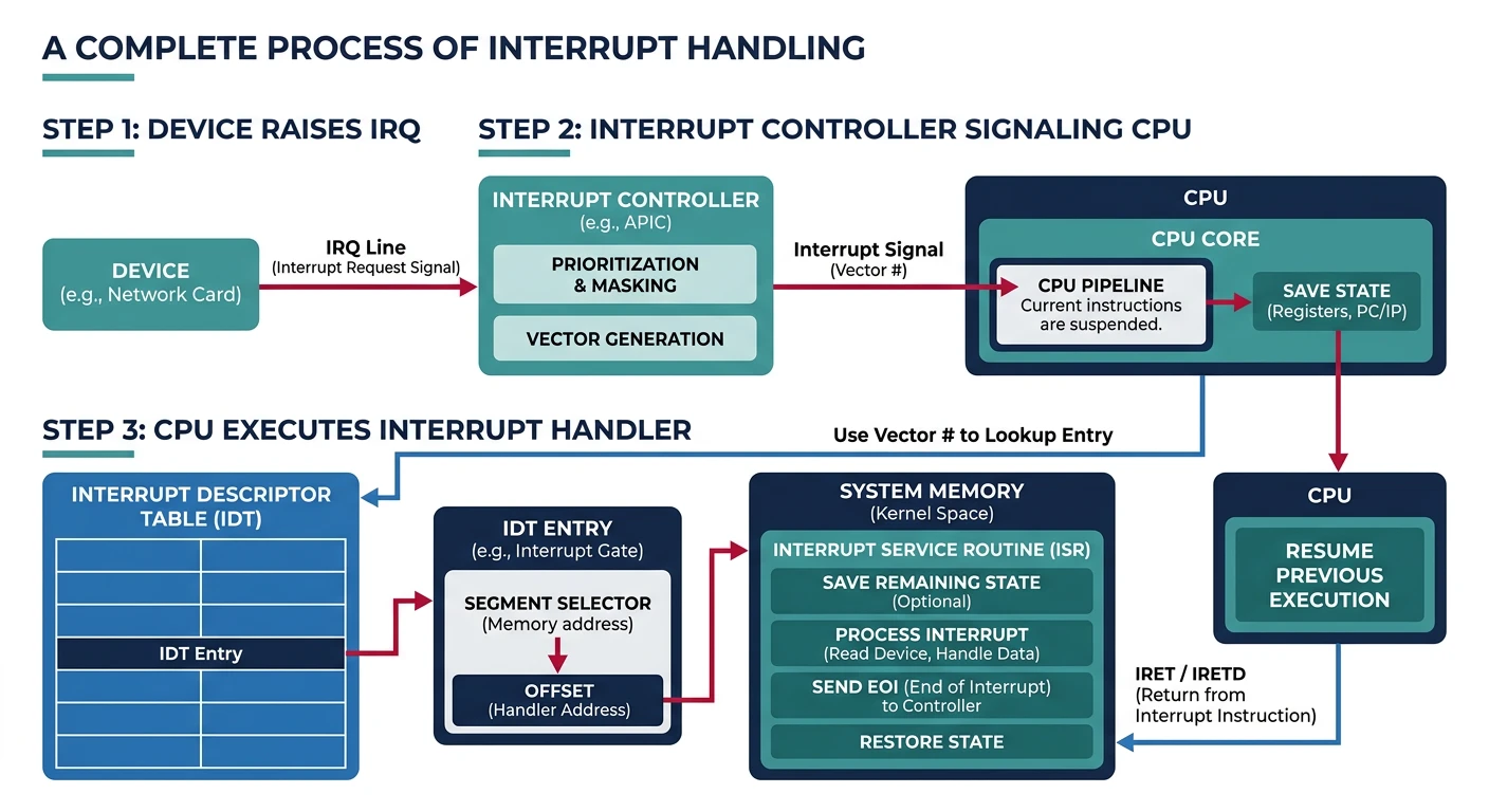 Interrupt handling flow diagram showing device raising IRQ, interrupt controller signaling CPU, and handler execution via the IDT