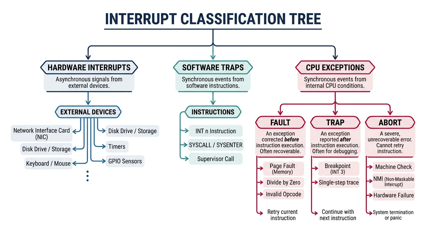 Interrupt classification tree showing hardware interrupts from devices, software traps from instructions, and CPU exceptions with fault, trap, and abort subtypes