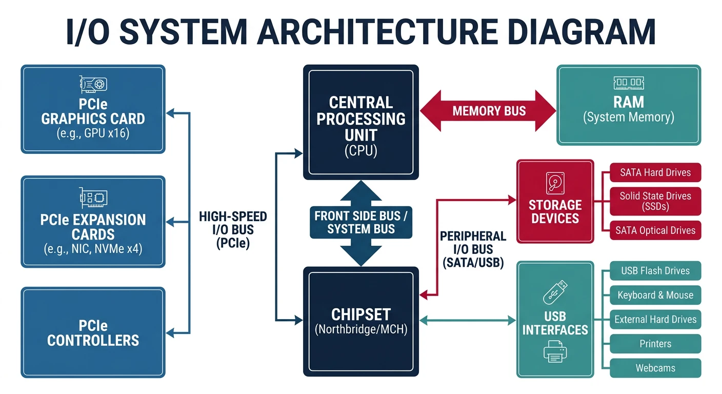 I/O system architecture diagram showing CPU connected via memory bus to RAM and chipset, with PCIe, SATA, and USB branches