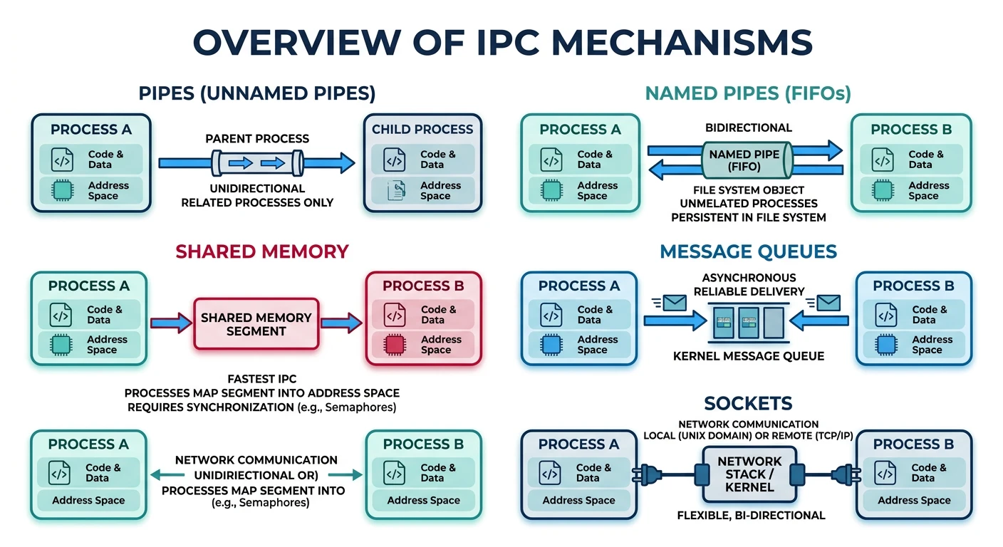 Overview of IPC mechanisms showing pipes, named pipes, shared memory, message queues, and sockets connecting processes