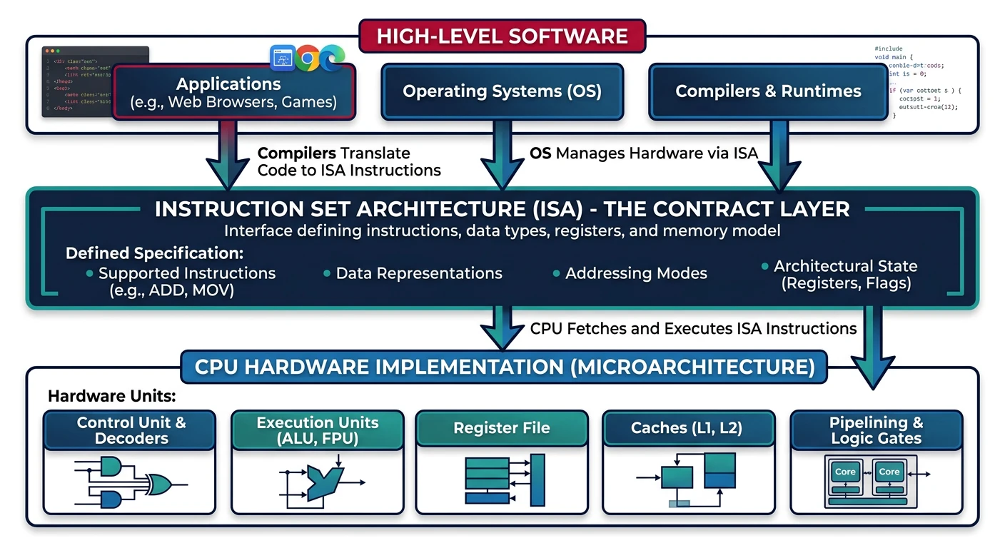Diagram showing the ISA as the contract layer between high-level software above and CPU hardware implementation below