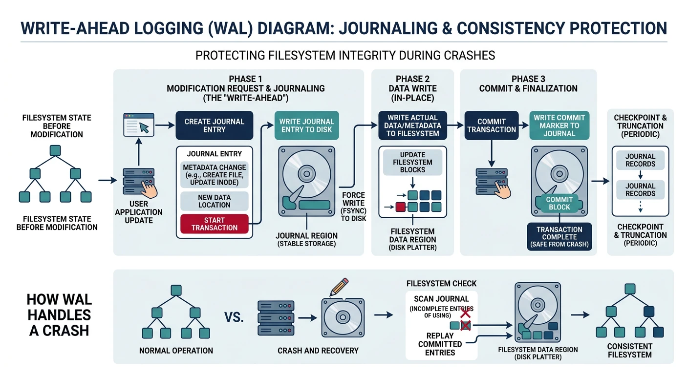 Write-ahead logging diagram showing journal entry creation, data write, and commit sequence that protects filesystem consistency during crashes