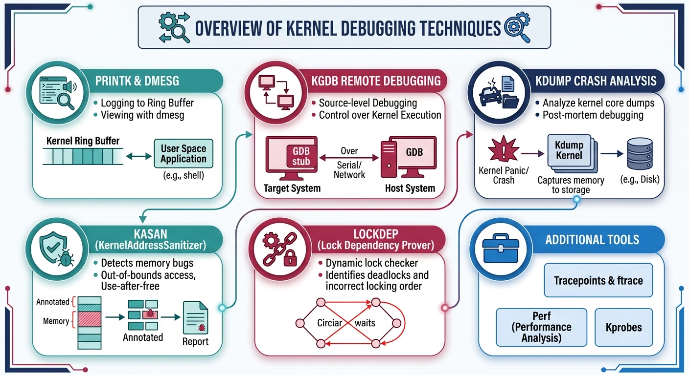 Overview of kernel debugging techniques showing printk, dmesg, KGDB remote debugging, kdump crash analysis, KASAN, and lockdep tools