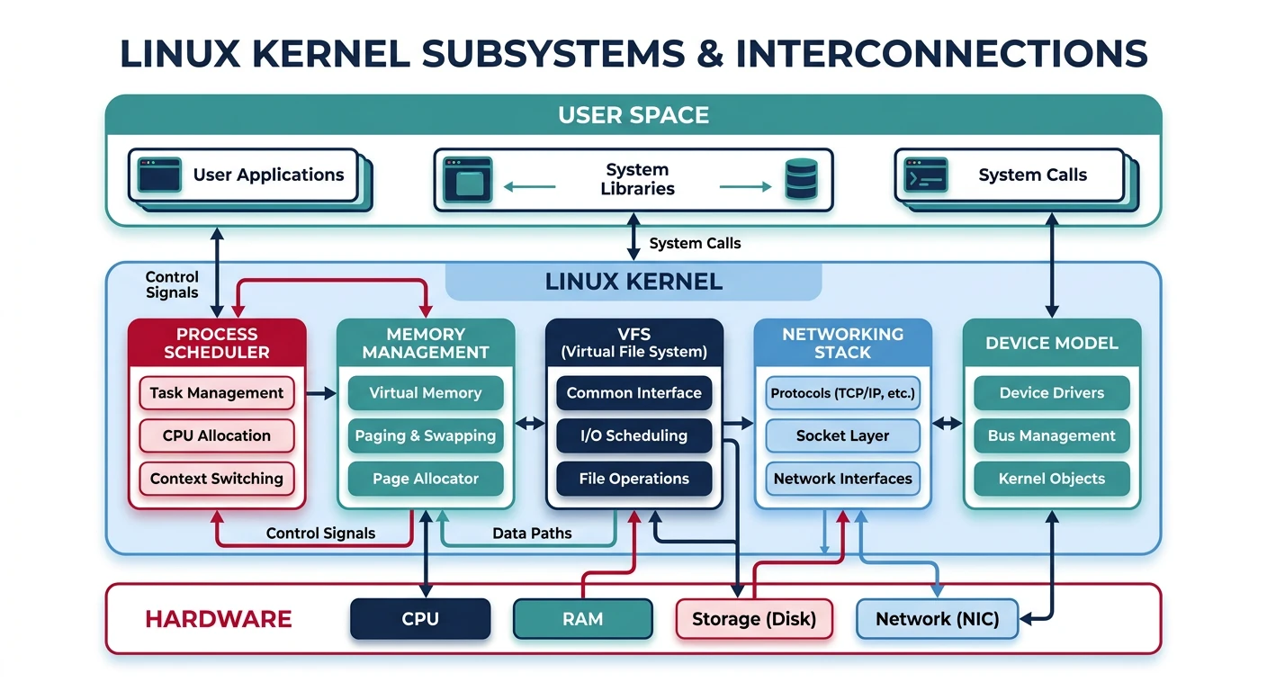 Block diagram of Linux kernel subsystems showing process scheduler, memory management, VFS, networking stack, and device model interconnections