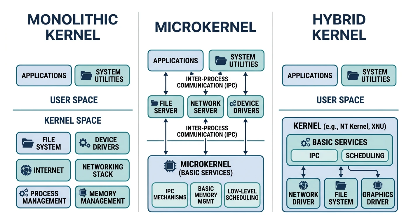 Side-by-side comparison of monolithic, microkernel, and hybrid kernel architectures showing which components run in kernel space versus user space