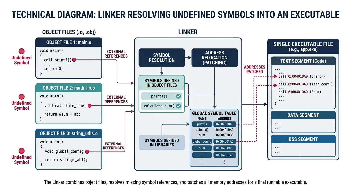 Diagram showing multiple object files with undefined symbols being resolved by the linker into a single executable with all addresses patched
