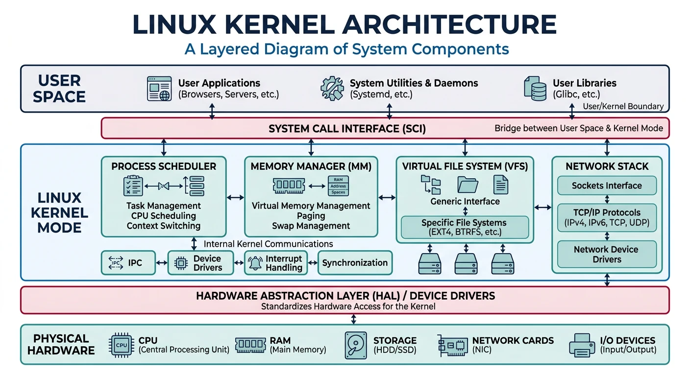 Layered architecture diagram of the Linux kernel showing user space, system call interface, VFS, process scheduler, memory manager, network stack, and hardware abstraction