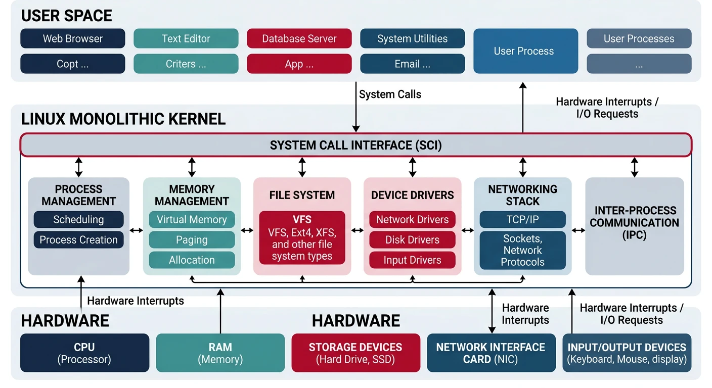 Diagram showing the Linux monolithic kernel architecture with user space applications above and hardware below, connected through system call interface