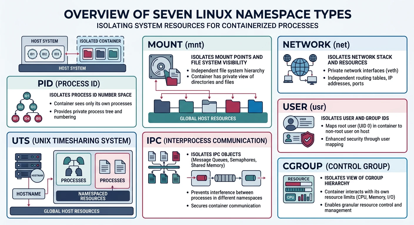Diagram of seven Linux namespace types (PID, Mount, Network, UTS, IPC, User, Cgroup) showing how each isolates different system resources for containerized processes