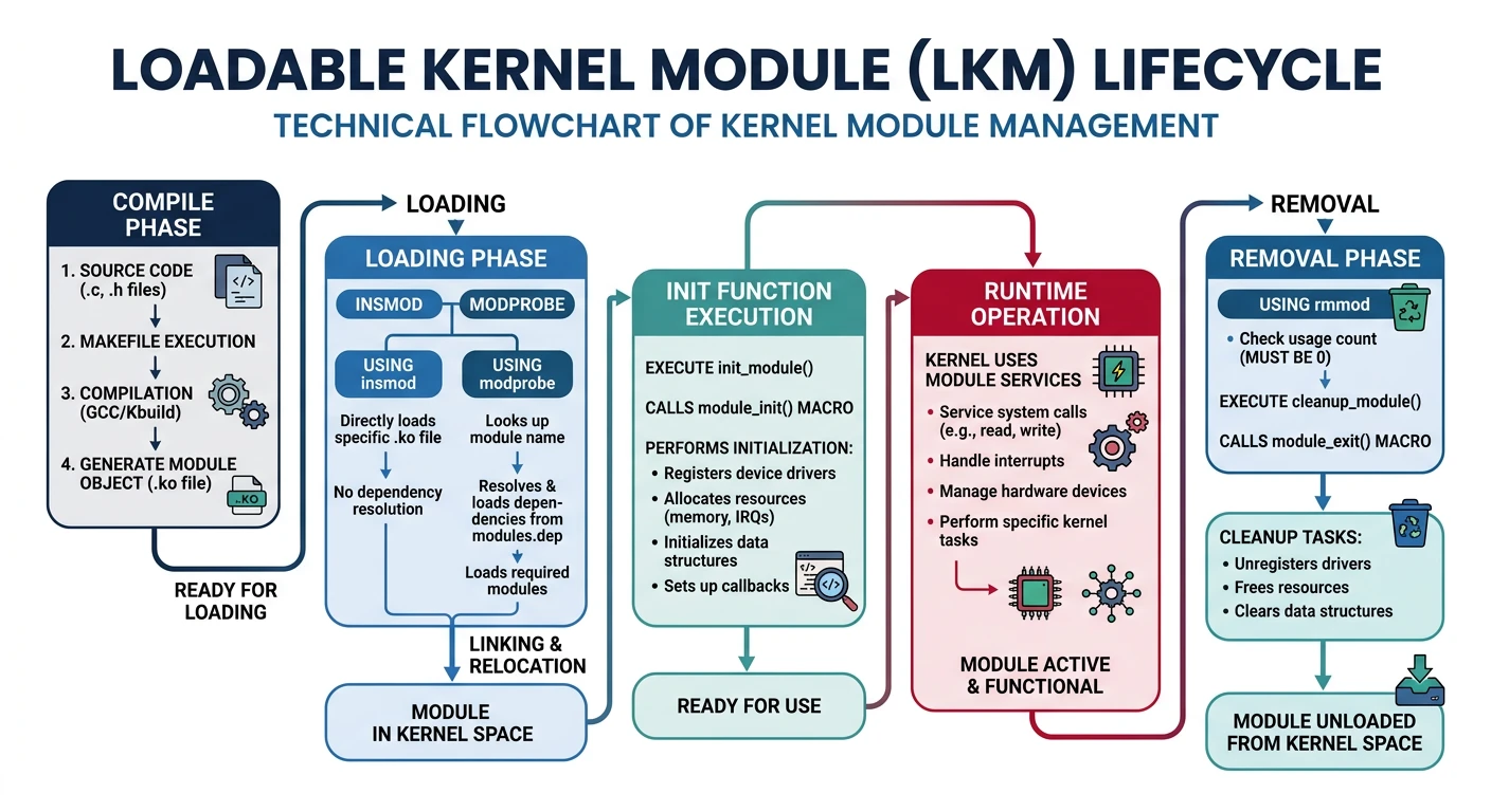 Flowchart showing loadable kernel module lifecycle: compile, insmod/modprobe loading, init function execution, runtime operation, and rmmod removal