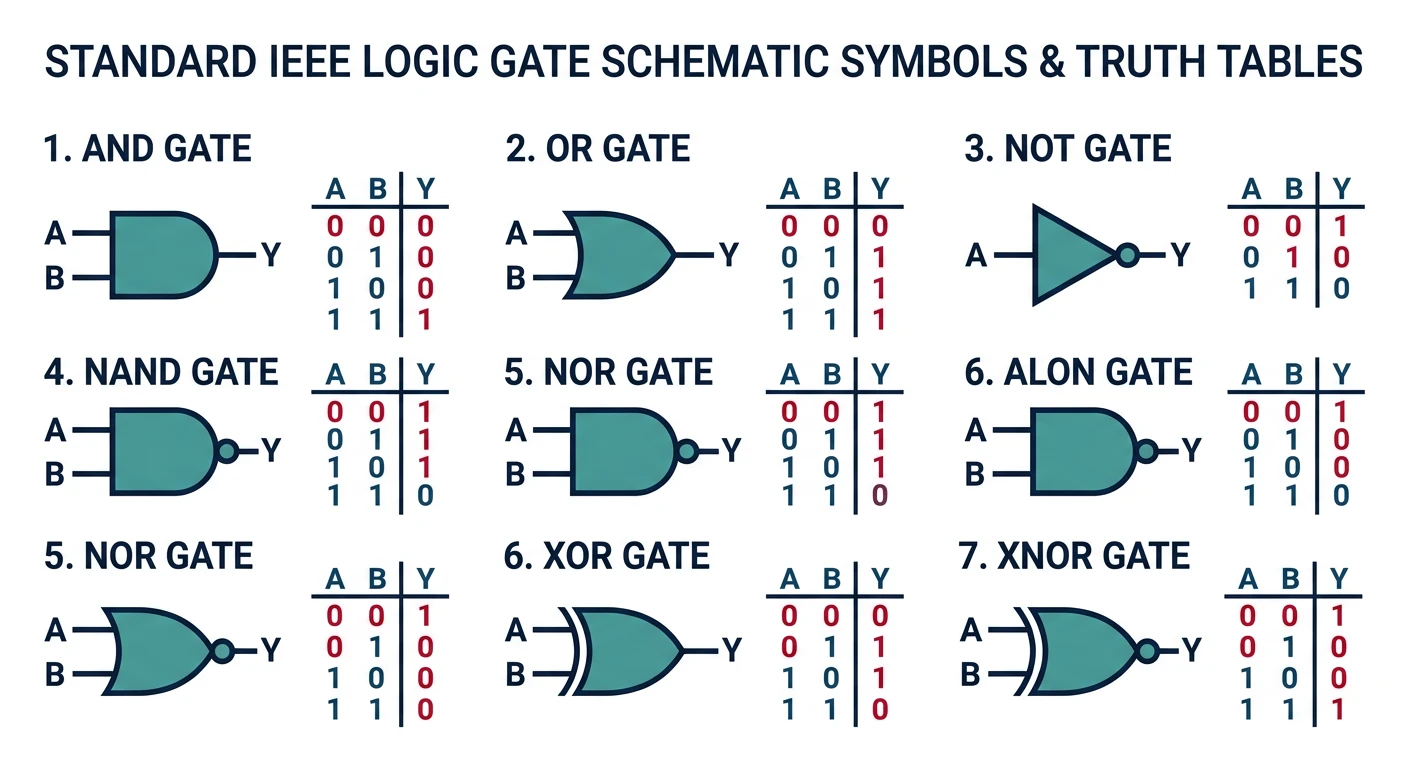 Standard IEEE schematic symbols for AND, OR, NOT, NAND, NOR, XOR, and XNOR logic gates with their corresponding truth tables