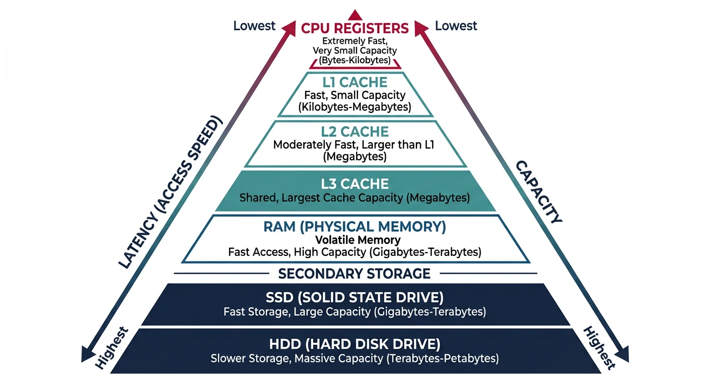 Memory hierarchy pyramid showing registers, L1/L2/L3 cache, RAM, SSD, and HDD with latency and capacity comparisons