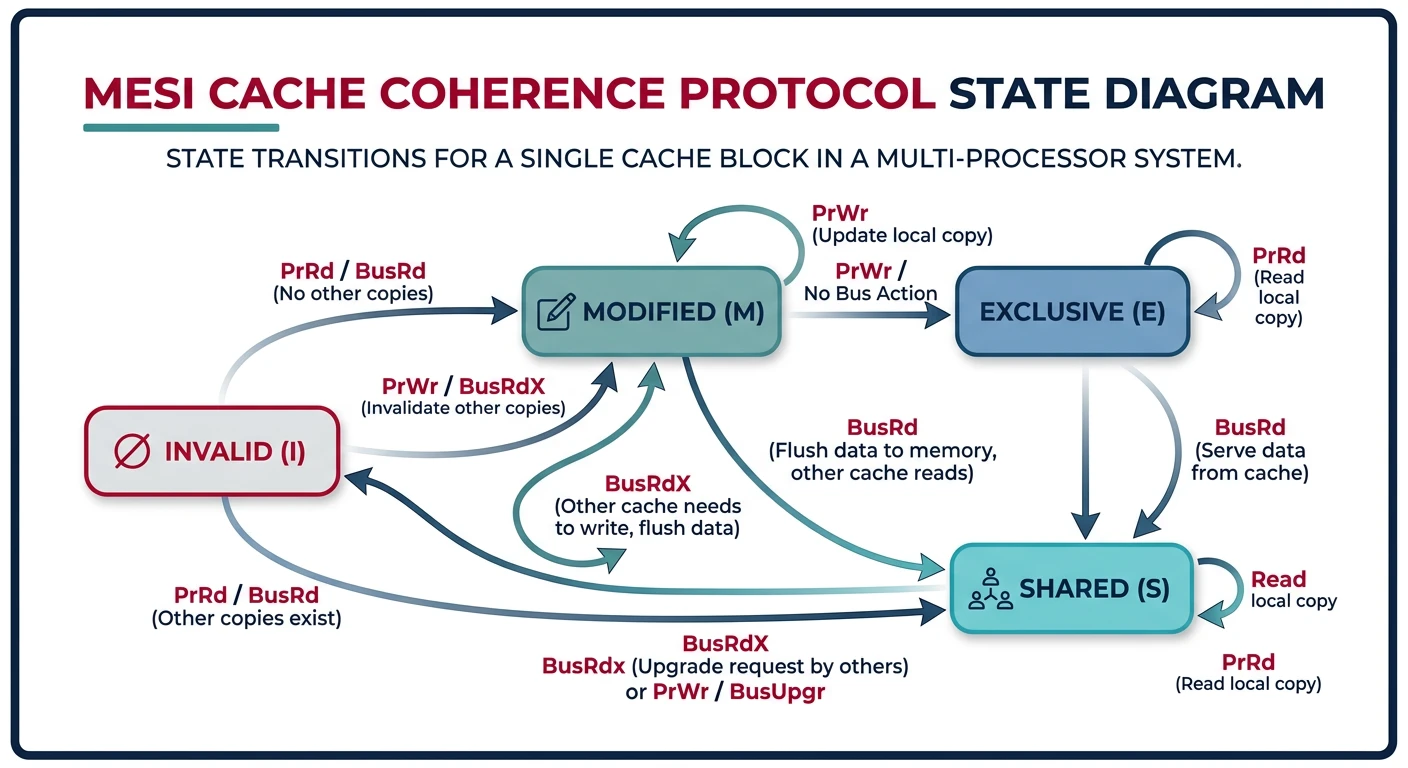 MESI cache coherence protocol state diagram showing transitions between Modified, Exclusive, Shared, and Invalid states with read/write triggers