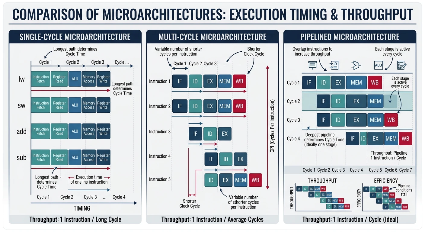 Comparison diagram of single-cycle, multi-cycle, and pipelined microarchitectures showing instruction execution timing and throughput differences