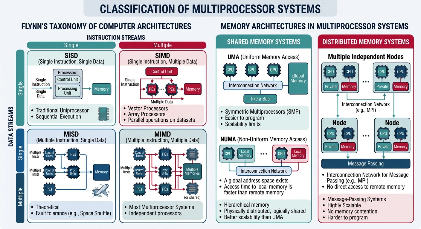 Classification of multiprocessor systems showing Flynn's taxonomy (SISD, SIMD, MIMD) and memory architectures (shared memory vs distributed memory)