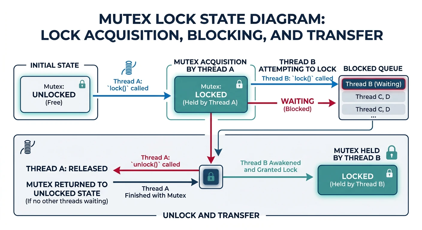 Mutex lock state diagram showing thread A acquiring the lock, thread B blocking, and lock transfer on unlock