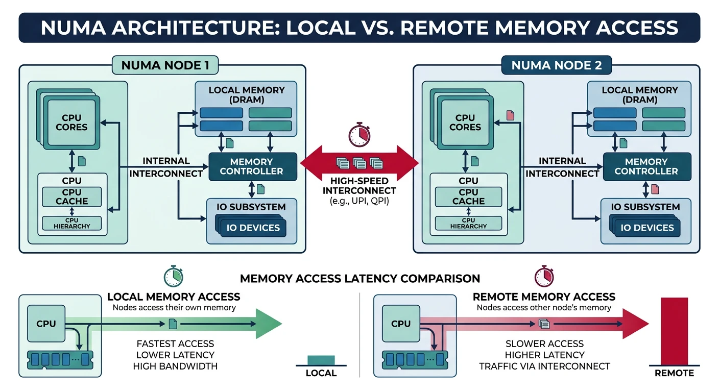 NUMA architecture showing two nodes each with CPUs and local memory, connected by an interconnect, with latency comparison between local and remote memory access