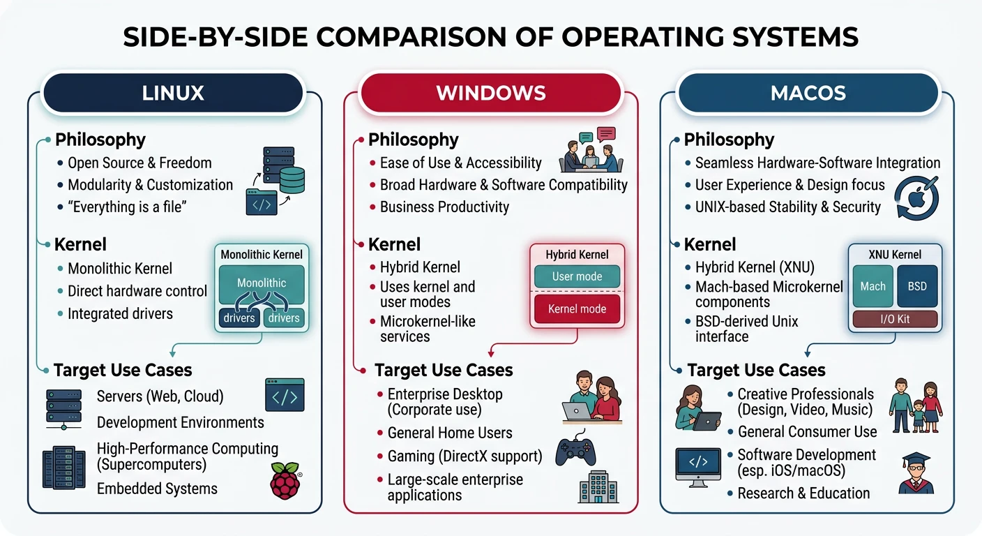 Side-by-side comparison diagram of Linux, Windows, and macOS showing their different design philosophies, kernel types, and target use cases
