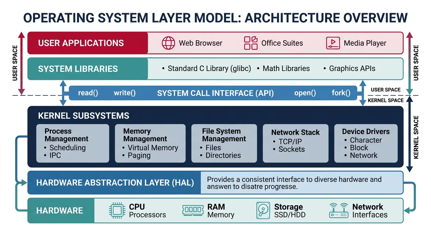 OS layer model showing user applications at top, system libraries, system call interface, kernel subsystems, HAL, and hardware at the bottom