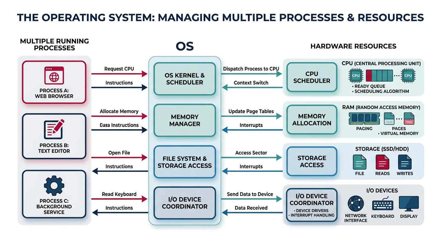 Diagram illustrating the operating system managing CPU scheduling, memory allocation, storage access, and I/O device coordination among multiple processes