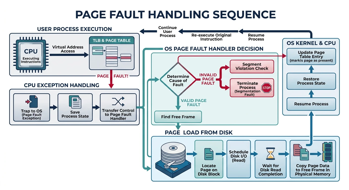 Page fault handling sequence showing CPU exception, OS handler decision between valid and invalid faults, and page load from disk