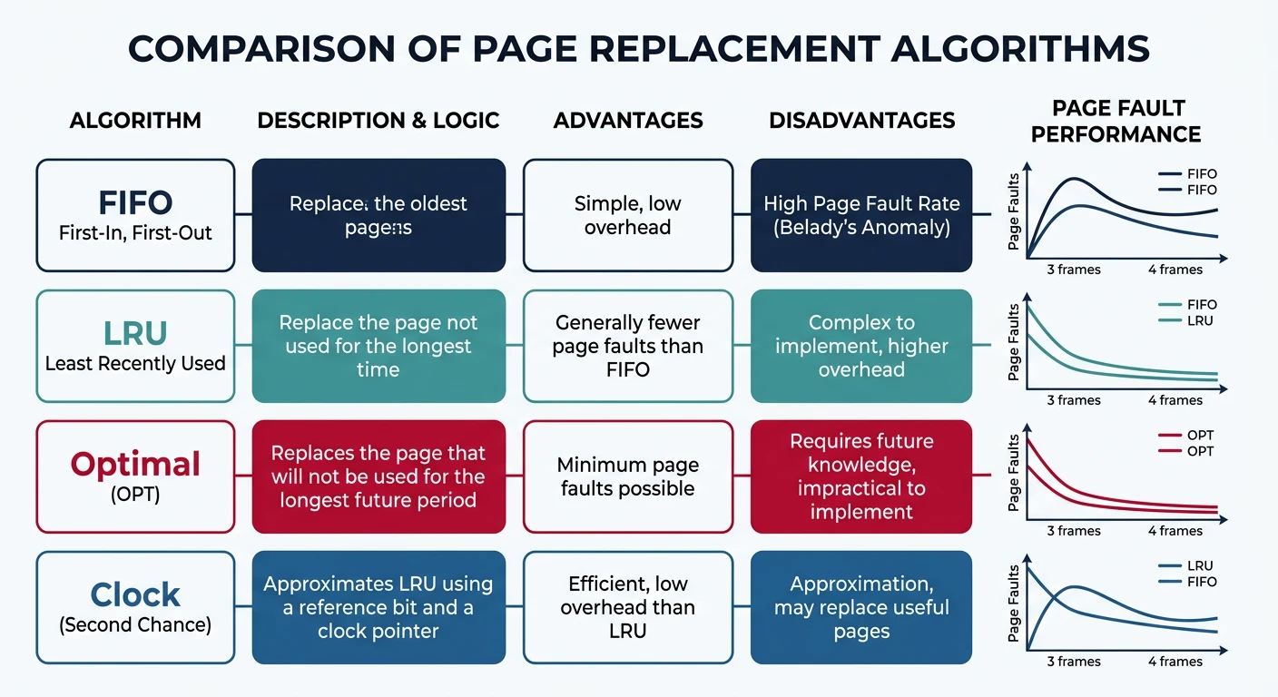 Comparison chart of page replacement algorithms showing FIFO, LRU, Optimal, and Clock with their page fault rates