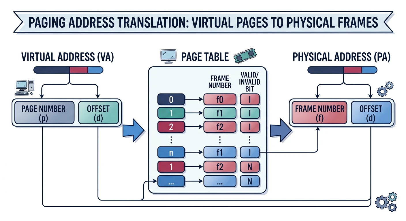 Paging address translation showing virtual pages mapped to physical frames via page table with page number and offset splitting
