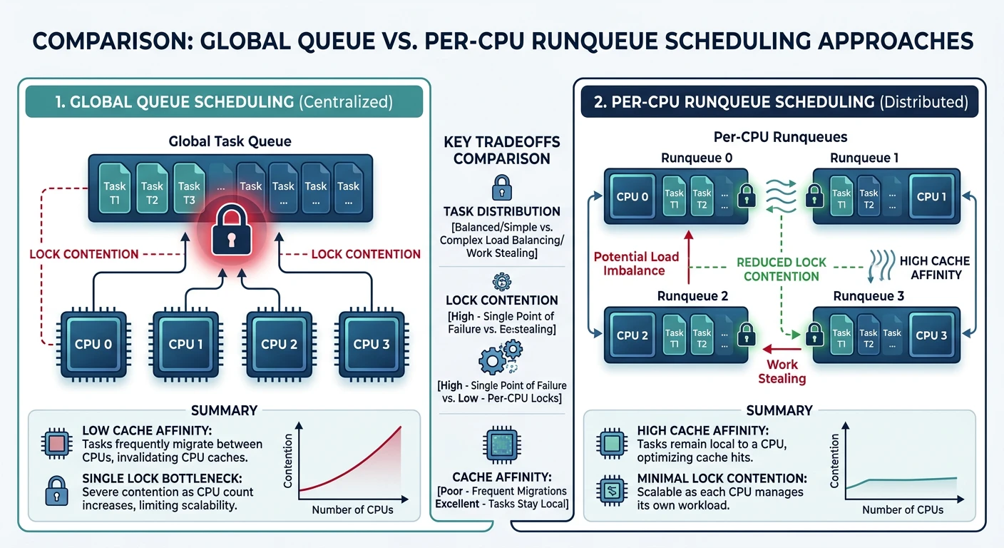 Comparison of global queue vs per-CPU runqueue scheduling approaches showing task distribution, lock contention, and cache affinity tradeoffs