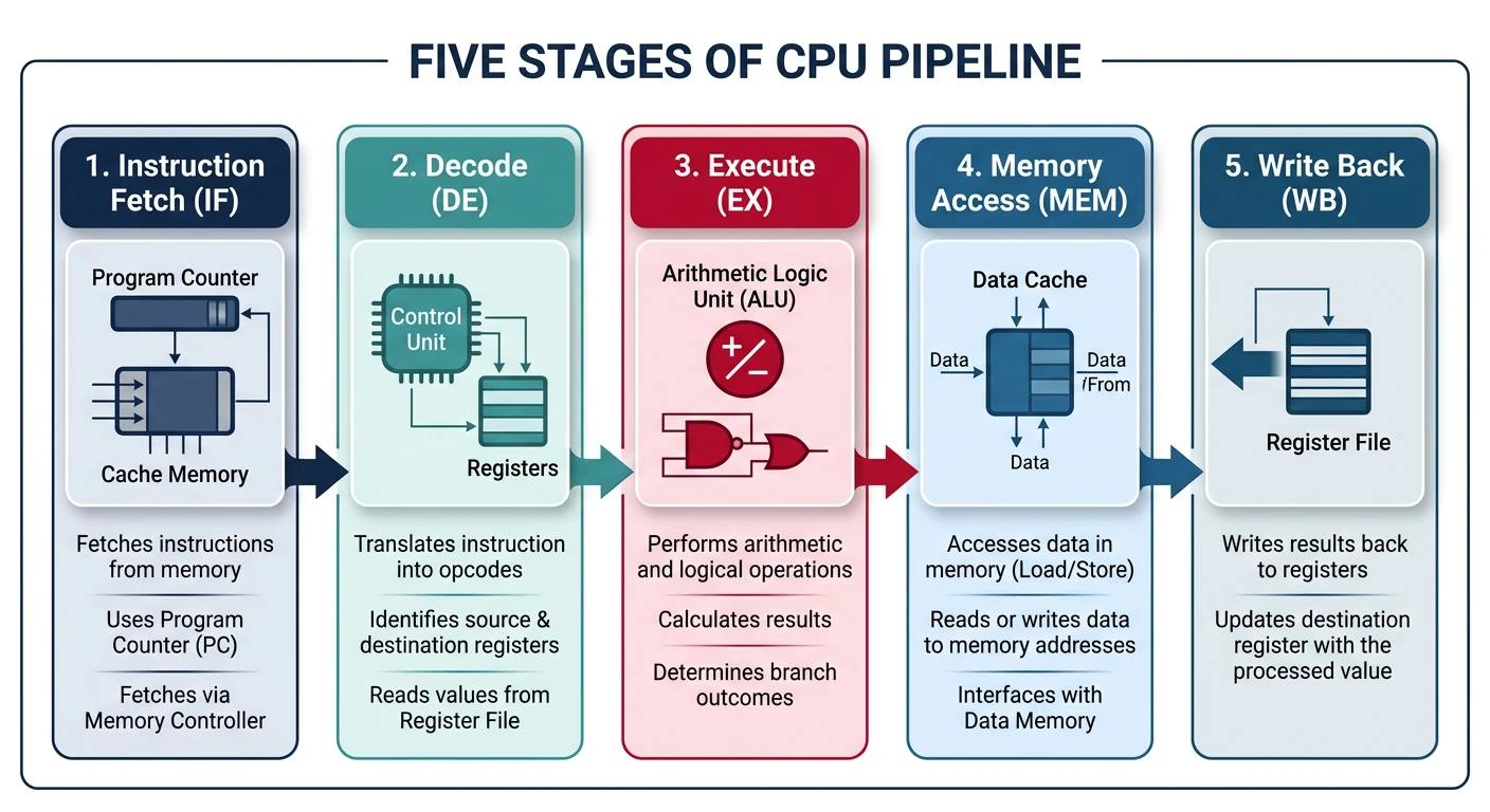 Diagram showing the five stages of CPU pipeline: Instruction Fetch, Decode, Execute, Memory Access, and Write Back