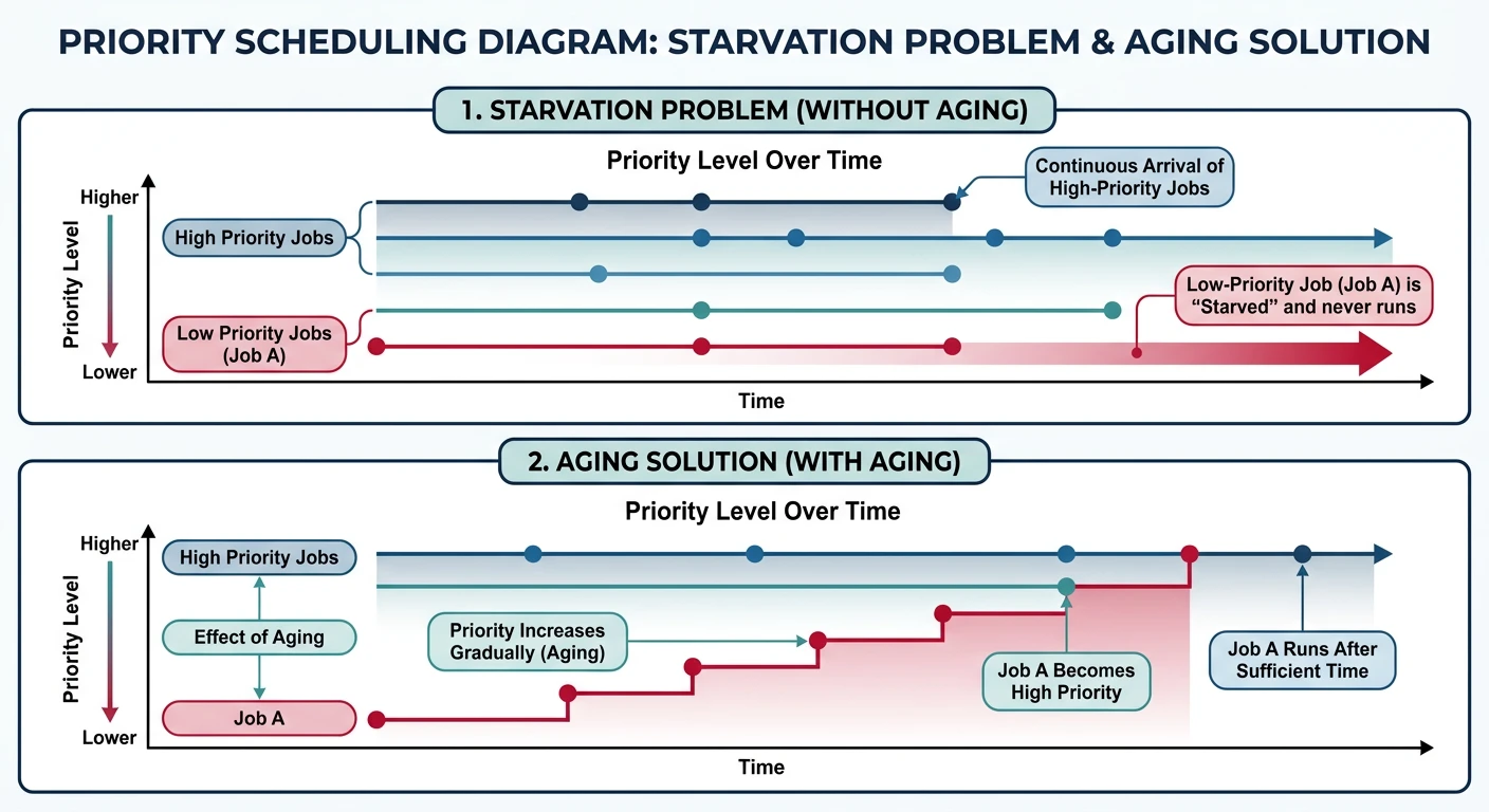 Priority scheduling diagram showing starvation problem and aging solution with priority levels over time