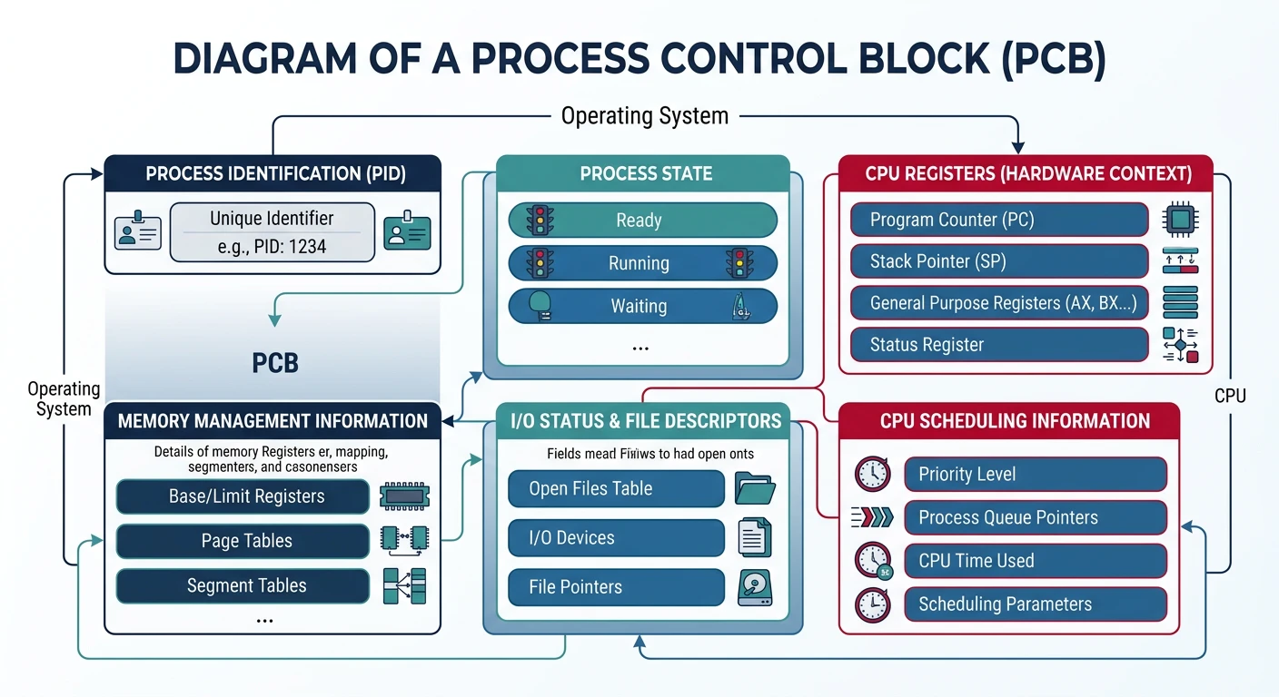 Diagram of a Process Control Block showing fields for PID, state, CPU registers, memory management, file descriptors, and scheduling info
