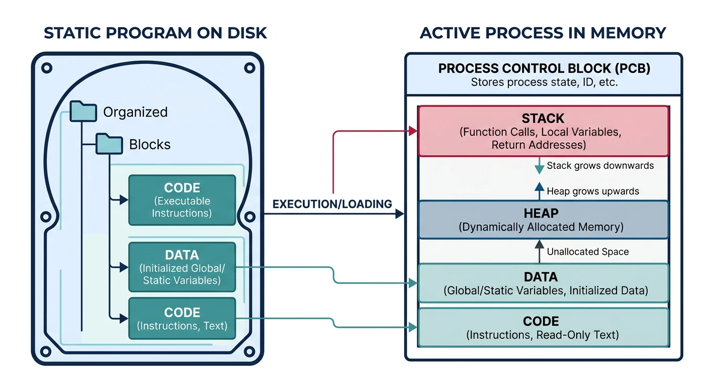 Diagram contrasting a static program on disk with an active process in memory containing code, data, stack, and heap segments