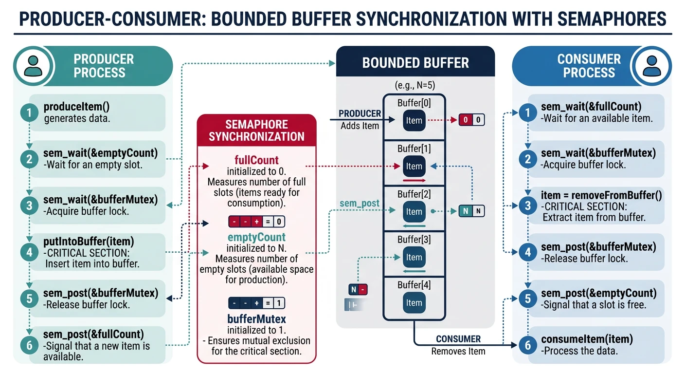 Producer-consumer bounded buffer diagram showing producer adding items, consumer removing items, and semaphore synchronization