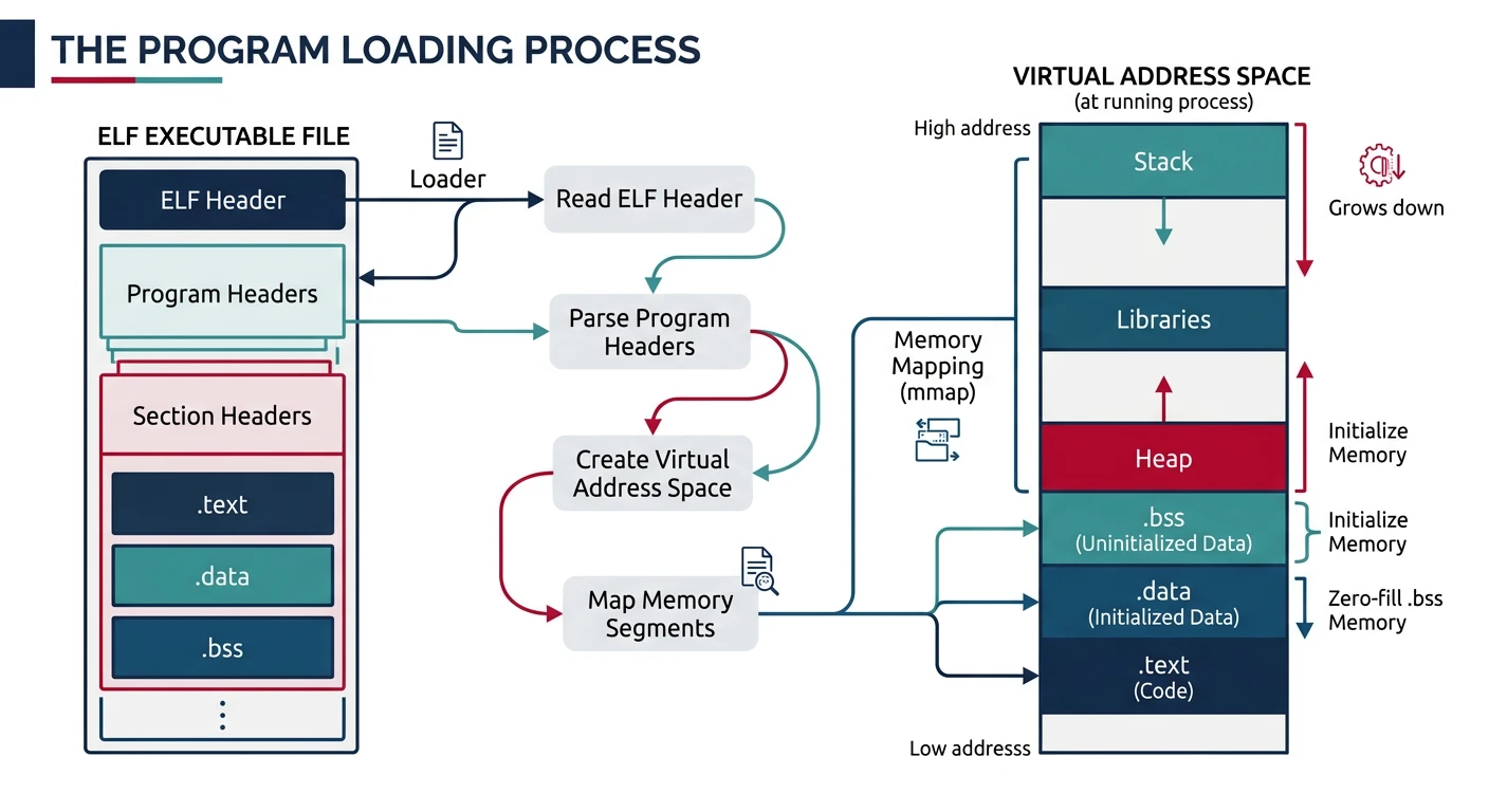 Diagram showing the program loading process: reading ELF headers, creating virtual address space, mapping text, data, BSS, heap, and stack segments