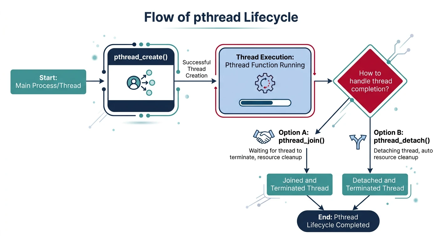 Flowchart of pthread lifecycle showing thread creation with pthread_create, execution, and completion via join or detach