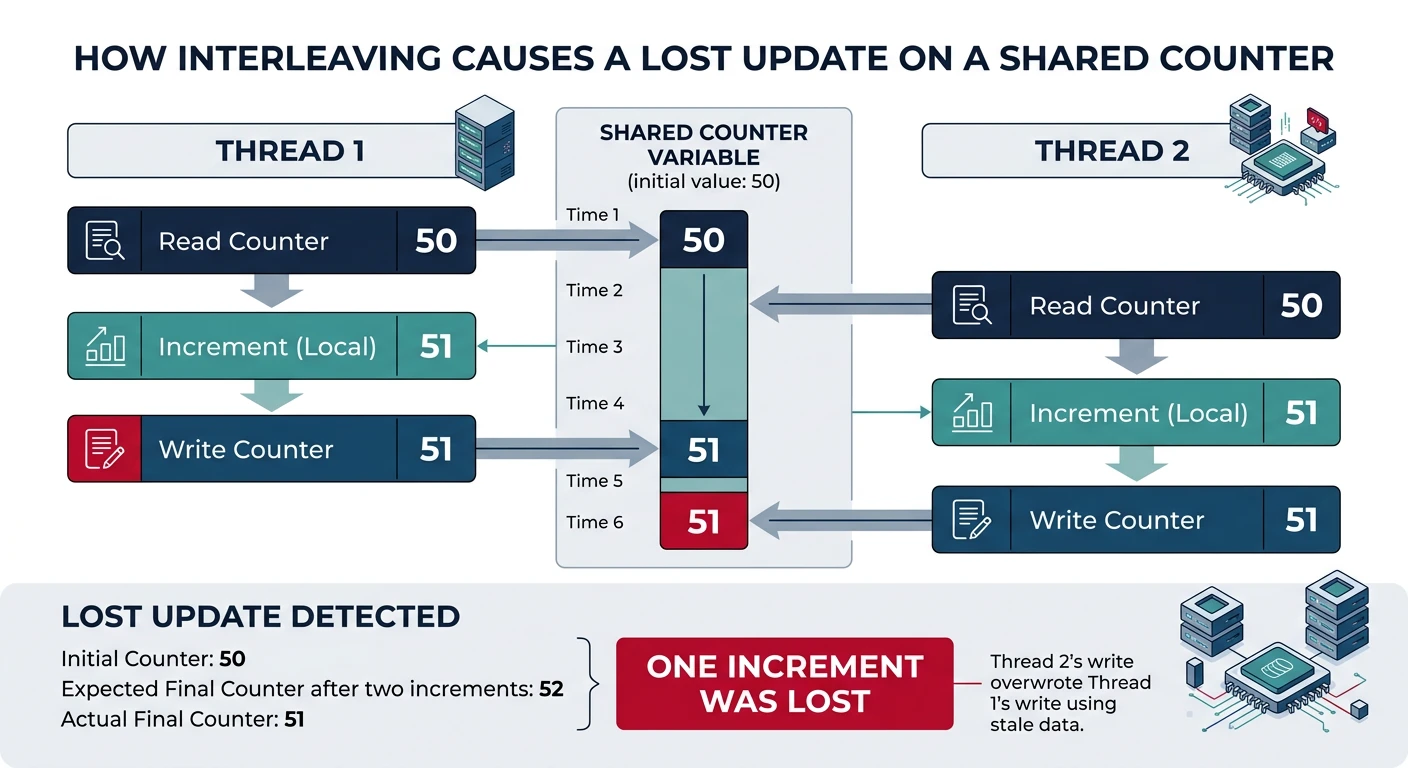 Diagram showing two threads interleaving read-modify-write operations on a shared counter variable causing a lost update