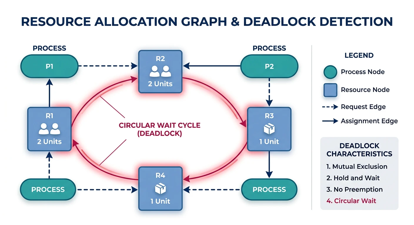 Resource allocation graph with process and resource nodes showing request edges, assignment edges, and a circular wait cycle indicating deadlock