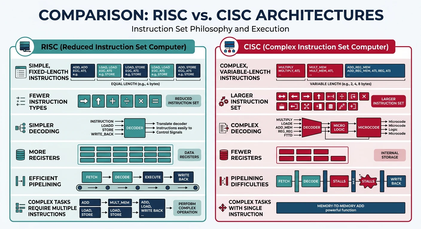 Comparison diagram of RISC and CISC philosophies showing simple fixed-length instructions versus complex variable-length instructions