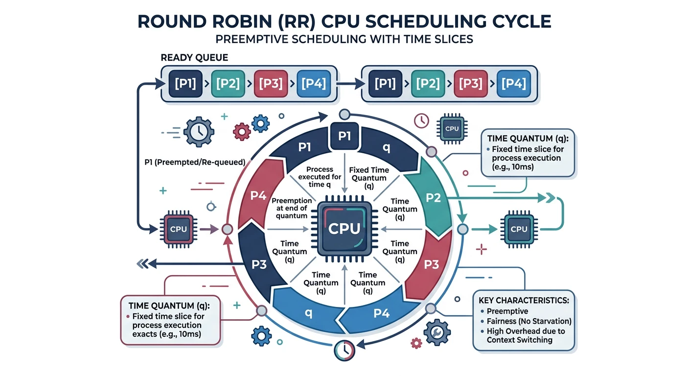 Round Robin scheduling cycle showing processes rotating through the CPU with fixed time quantum slices