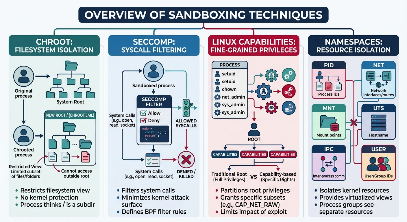 Overview of sandboxing techniques showing chroot filesystem isolation, seccomp syscall filtering, Linux capabilities fine-grained privileges, and namespace resource isolation