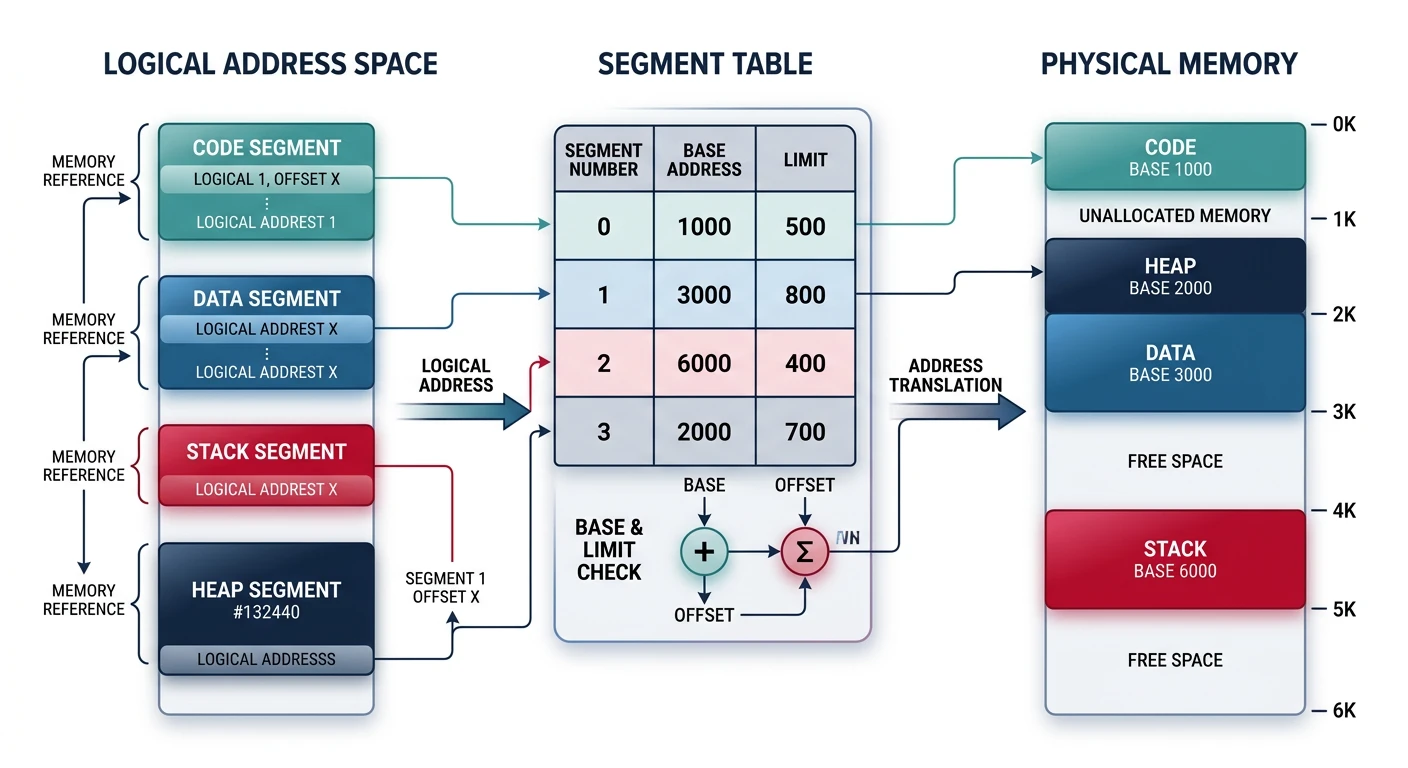 Segmentation model showing logical segments mapped to non-contiguous physical memory locations via segment table with base and limit