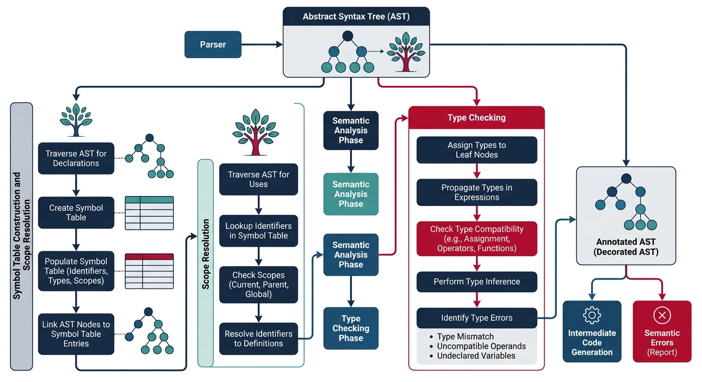 Flowchart of semantic analysis showing type checking, scope resolution, and symbol table construction from an abstract syntax tree