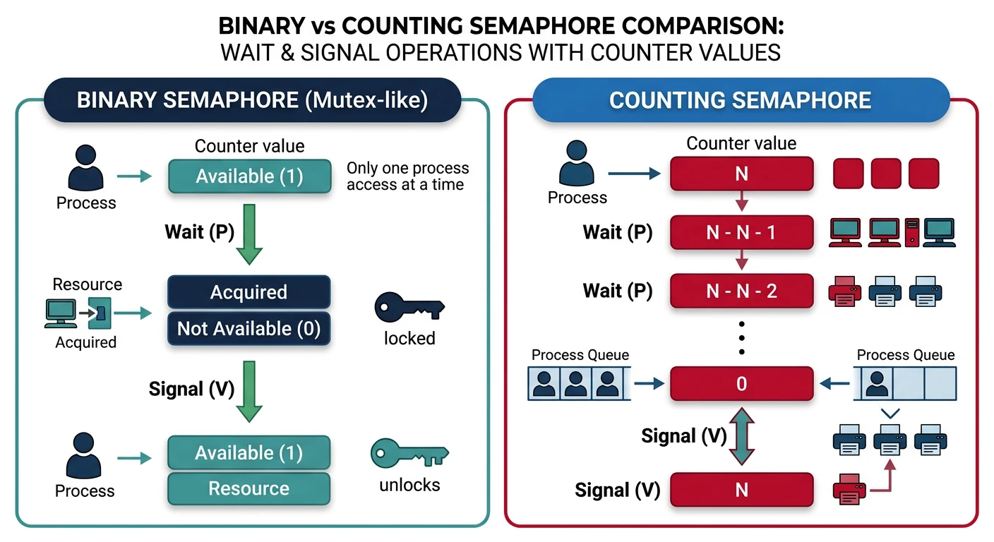 Binary vs counting semaphore comparison showing wait and signal operations with counter values